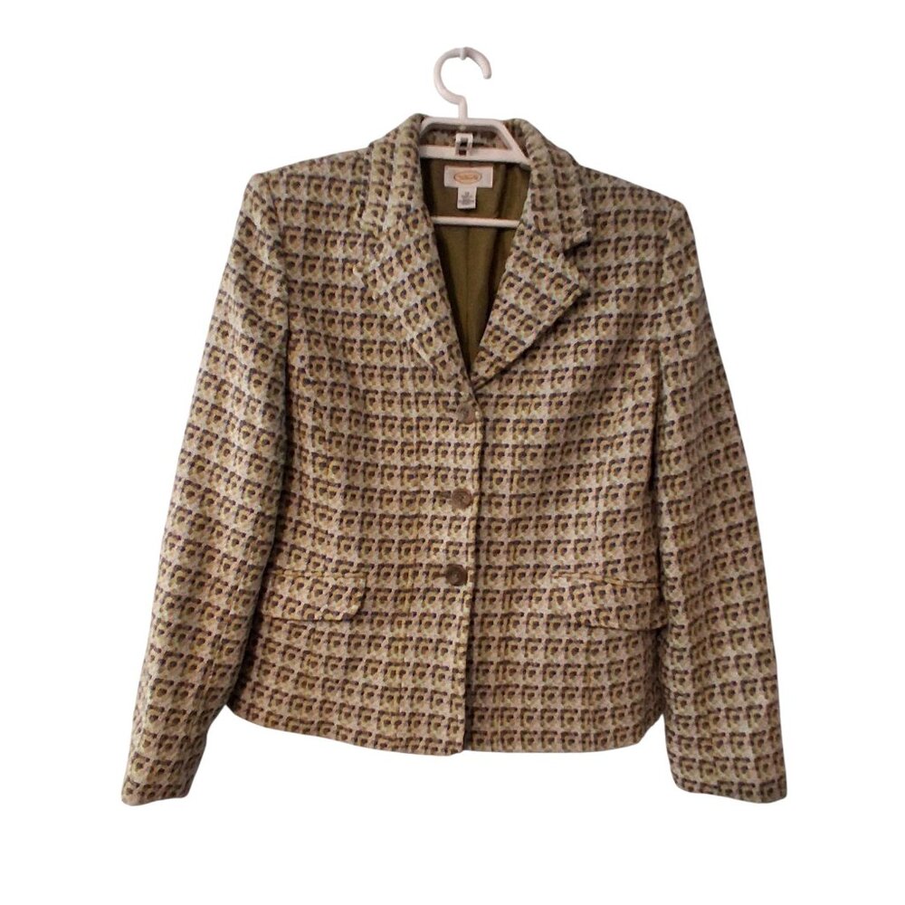 Talbots blazer womens size 14 green blue tweed wool blend USA Italian Fabric